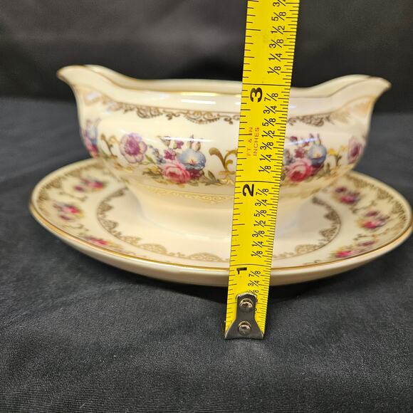 Vintage H&C Selb Bavaria Gravy Boat Dish Bowl Attached Plate Floral Gold Trim - Picture 9 of 9